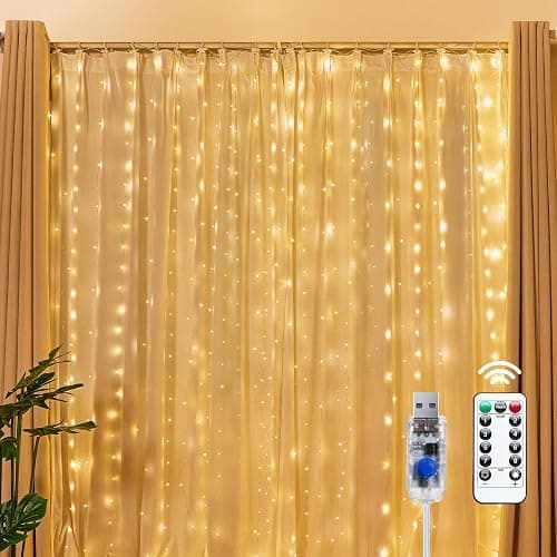 Brightown 300 LED Fairy Curtain Lights, 9.8ft x 9.8ft Curtain String Lights | USB Plug in 8 Lighting Modes Christmas String Hanging Lights with Remote for Bedroom Indoor Outdoor Party Xmas - Image 1