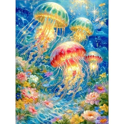 GEEHEIY Jellyfish Diamond Art Kits for Adults, 5D Diamond Painting Kits for Beginner, DIY Full Drill Round Gem Art for Home Wall Decor 12 x16 Inch - Image 1