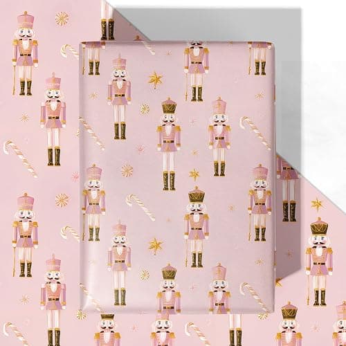 WRAPLULU Pink Nutcracker Christmas Wrapping Paper - 4 Jumbo Sheets, 28 * 40 Inches - Elegant Xmas Gift Wrap with Soldiers, Candy Canes and Stars, Perfect for Kids Adults Christmas - Image 1