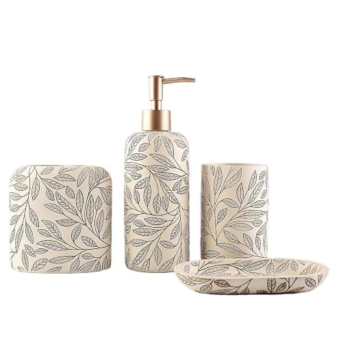 Hymmah Bathroom Accessories Set,Toothbrush Holder,Farmhouse Bathroom Decor,4 Pcs Resin Gift Set Apartment Necessities, Contain Toothbrush Cup,Soap Dispenser,Soap Dish,Tumbler - Image 1