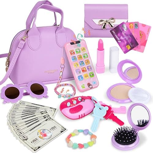 Kids Purple Play Purse Set for Little Girls 3-5 with Wallet Accessories | My First Pretend Handbag with Sunglasses, Cards, Interactive Keys, Smartphone and Fake Money Makeup Set - Image 1