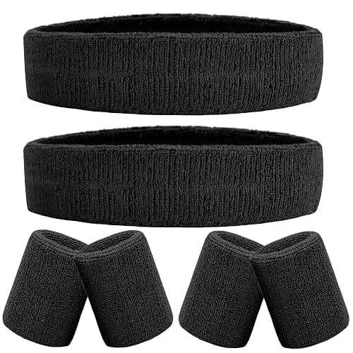 IMAGERIO 6 Pieces Sweatband Set Sports Headband Wristband Set, Moisture Wicking Athletic Sweatbands 4 Wrist Sweatband and 2 Headbands, Terry Cloth Sweat Absorbing Head Band for Workout - Image 1