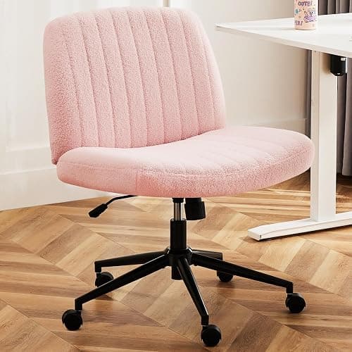 DUMOS Criss Cross Chair with Wheels, Legged Office Armless Wide Desk Seat with Dual-Purpose Base, Adjustable Swivel Teddy Fabric Task Vanity Home Bedroom, Pink - Image 1