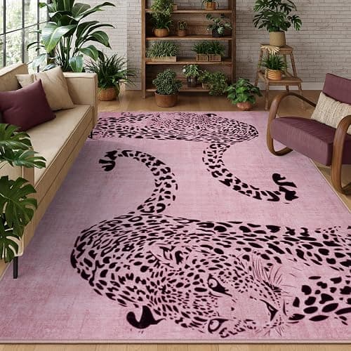OJIA Leopard Print 8x10 Rugs for Living Room, Soft Pink Bedroom Rug Washable Area Rugs 8x10, Ultra-Thin Modern Dining Room Rug Stain Resistant Floor Carpet for Playroom Kids Room Nursery Office - Image 1