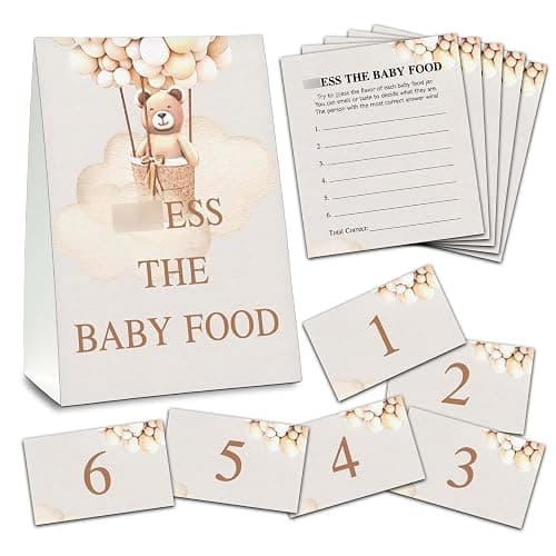 Guess the Baby Food Party Games, Boho Bear Balloon Baby Shower Game Set (1 Standing Sign + 20 Answer Cards + 6 Number Cards), Watercolor Brown Name the Baby Food Game, Baby Shower Favors - Image 1