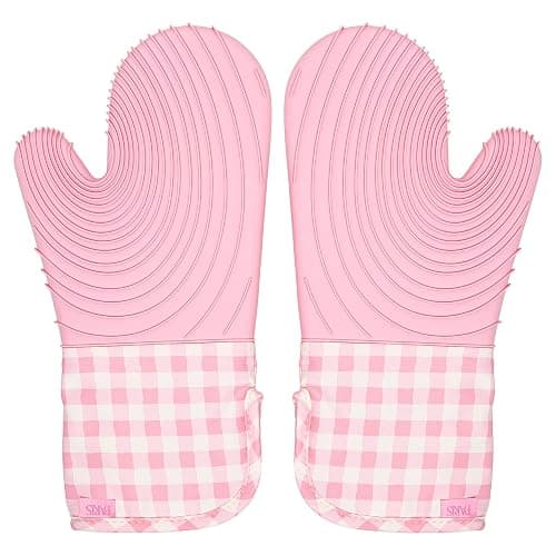 Paris Hilton Oven Mitt Set with Limited Edition Pink Gingham Design, Heat Resistant Pot Holders Featuring Non-Slip Textured Silicone Grips, 2-Piece Set, Pink - Image 1