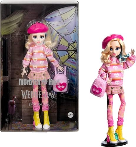 Monster High Wednesday Doll and Accessories, Enid Sinclair Collectible in Pink Fashion with Beret and Backpack, Doll Stand - Image 1