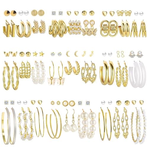 54 Pairs Gold Hoop Earrings Set for Women Multipack, Boho Fashion Statement Stud Hoop Earring Pack Butterfly Shaped Assorted Small Big Earrings for Jewelry - Image 1