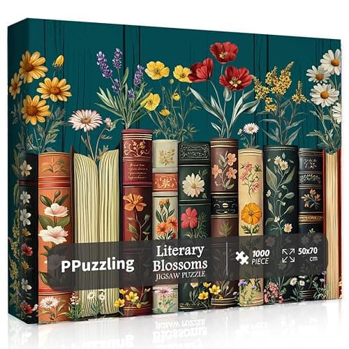 Vintage Wildflower Book Puzzles for Adults 1000 Pieces, Plant Floral Books Pages Jigsaw Puzzle, Retro Bookshelf Puzzles with Blossoming Wildflowers, Botanical Literary Theme Puzzle for Book Lovers - Image 1