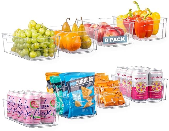 Oizeir 8 Pack Clear Plastic Fridge Organizer Bins – Stackable Refrigerator & Pantry Storage Bins with Handles for Snacks, Freezer, Kitchen Cupboard, and Cabinet Organization - Image 1