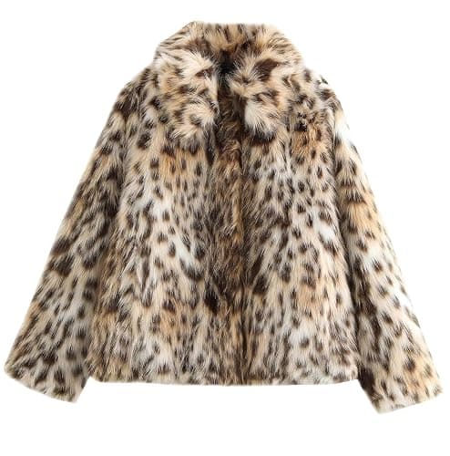ebossy Women's Faux Fur Crop Jacket Long Sleeve Lapel Winter Warm Fluffly Leopard Pure Color Sherpa Coat - Image 1