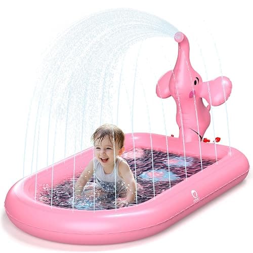 QPAU Splash Pads for Toddlers 1-3, Pink Elephant Toy Splash Pad for Kids, Outdoor Play Mat for Babies, Inflatable Sprinkler Pool for Birthday Girl Gifts 1 Year Old Girl - Pink Elephant - Image 1