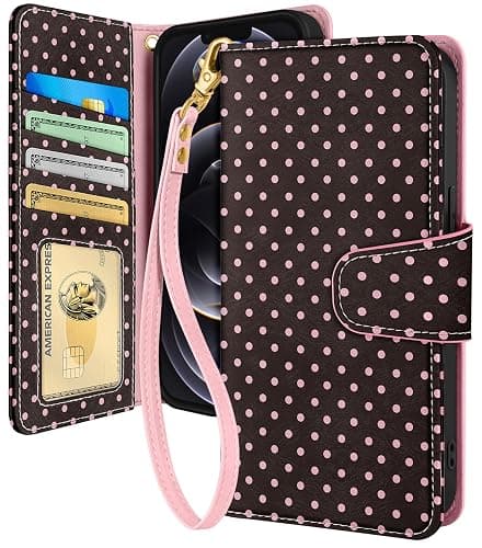 Toycamp for iPhone 12 Pro Wallet Case with Wrist Strap - Leather Flip Folio Phone Case with RFID Blocking 4 Card Holder for Apple for iPhone 12 Pro Funda Cute Aesthetic for Women Ladies, Brown Polka - Image 1