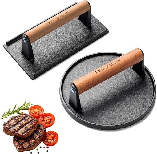 Bellemain Heavy-Duty Cast Iron Grill Press Set – Perfect Smash Burger Press & Steak Tool with Ergonomic Wood Handle for Pro-Level Searing on Griddle, Skillet, or BBQ - Image 1