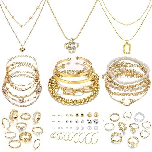 IFKM Gold Plated Jewelry Set for Women,14k Gold Plated Multi Layer Necklaces Stackable Bangle Bracelets Stackable Knuckle Rings Hoop Earrings Set Anniversary Trendy Elegance Charms Anniversary Birthday Jewelry Gift - Image 1