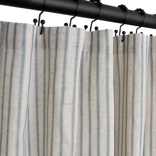 CasaTena Farmhouse Striped Shower Curtain - 72x72 Inches, Linen Blend Fabric, Breathable & Machine Washable, Rustic Heirloom Blue for Bathroom Decor (Hooks/Liner Not Included) - Image 1