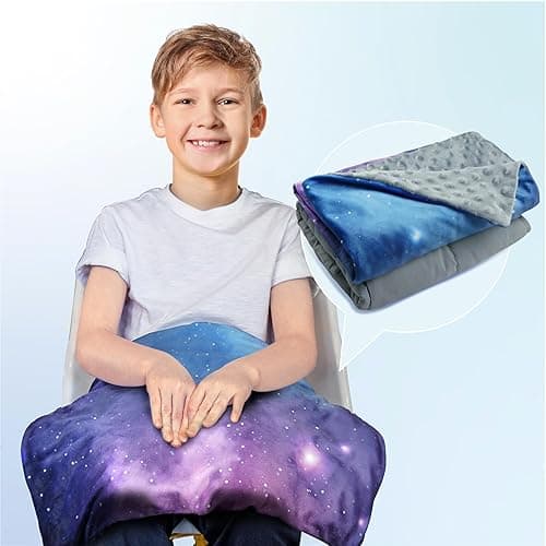 Solfres Small Weighted Lap Pad Blanket Throw for Kids Boys Teens 20in x 23in 5 Lbs - Sleep Therapy Plush Travel Size with Glass Beads, Galaxy Space Stars - Purple Blue/Gray (With Removable Cover) - 20"x 30" 5lbs - Image 1