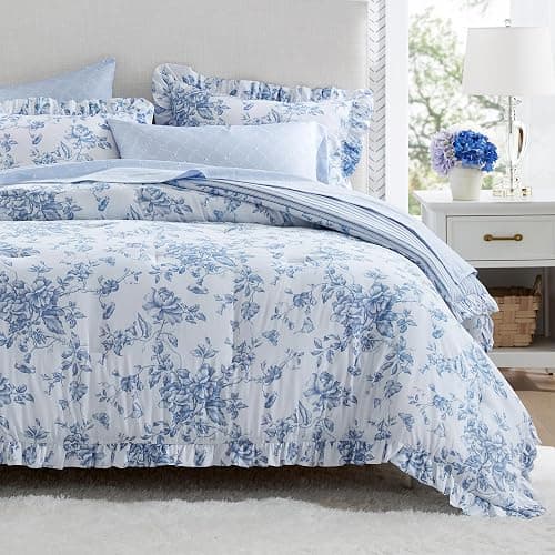 Madison Park Essentials Blue Floral Comforter Set with Sheets Full,7pc | Vintage, Ruffle Bed in a Bag, Reversible, Elegant Bedding Set, All Season, Machine Washable, Wrinkle Resistant, Ultra Soft - Image 1