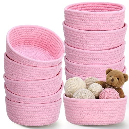 Yinkin 12 Pack Small Storage Basket Cute Natural Cotton Rope Woven Basket Tiny Boho Decorative Toy Storage Bin Gift Baskets for Home Organizing, Closet, Shelf, Nursery, Bathroom(Round,Pink) - Image 1