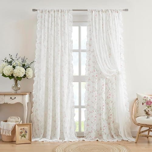 ZJDECOR Vintage Floral Curtains with Lace Sheer Overlay 84 Inch,Pink Flower on White Not-See-Through Sheer Drapes Lace Ruffle Edge,Shabby Chic Window Treatment for Bedroom Living Room,Rod Pocket,Pink - Image 1