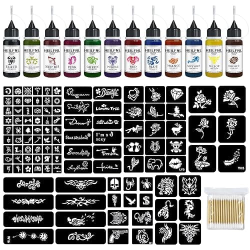 HEILFNL Temporary Tattoo Kit 12 Colors Temporary Tattoo Ink,111 Pcs Stencils Kit for Body Paint Fake Tattoos,DIY Art Painting Party for Women Man - Image 1