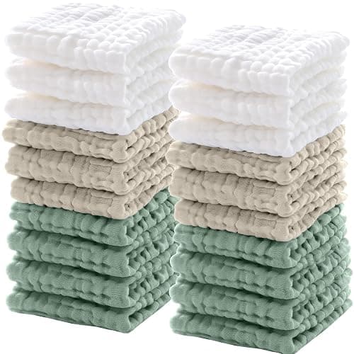 Breling 20 Pcs Baby Muslin Washcloth 12x12 in, White, Khaki, Dark Green | 100% Cotton,Soft and Absorbent Burp Cloth, Wipe Newborn Face Body Towel, for Baby Boy Girl Sensitive Skin - Image 1