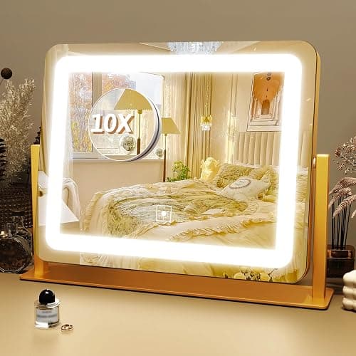 FENNIO Vanity Mirror with Lights, 12" x 16" Lighted Makeup Mirror with Smart Touch Control, 3 Color Modes & Brightness Adjustable, LED Makeup Mirror with 10X Magnification, 360° Rotation (Gold - Image 1