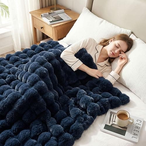 JONIYEAR Soft Fuzzy Bubble Faux Rabbit Fur Throw Blanket for Couch 50" x 60", Reversible Textured Fluffy Warm Thick Blanket for Winter,Luxury Cozy Puffy Shaggy Comfy Furry Blankets for Sofa, Navy Blue - Image 1