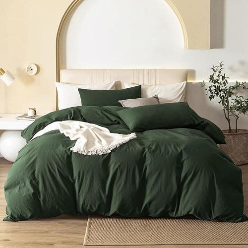 JIYUAN 100% Washed Cotton Duvet Cover Set 3 Pieces Queen, 1 Duvet Cover 90x90 Inches(Comforter Not Included) and 2 Pillowcases,Linen Feel Bedding Set Comfy and Breathable,Forest Green - Image 1