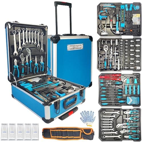 Arcwares 799pcs Aluminum Trolley Case Tool Set Silver, House Repair Kit Set, Household Hand Tool Set, with Tool Belt for Thanksgiving, Valentine's Day, Christmas - Blue - Image 1