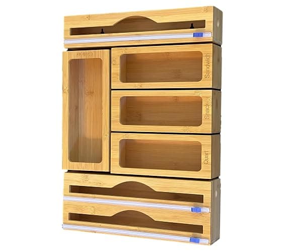 Incredinest Bamboo Drawer Organizer Bag Holder – Modular Design Zip Lock Bag Organizer Plastic Wrap Dispenser with Cutter – Baggie Organizer for Drawer with Single and Double Wrap Dispenser - Image 1