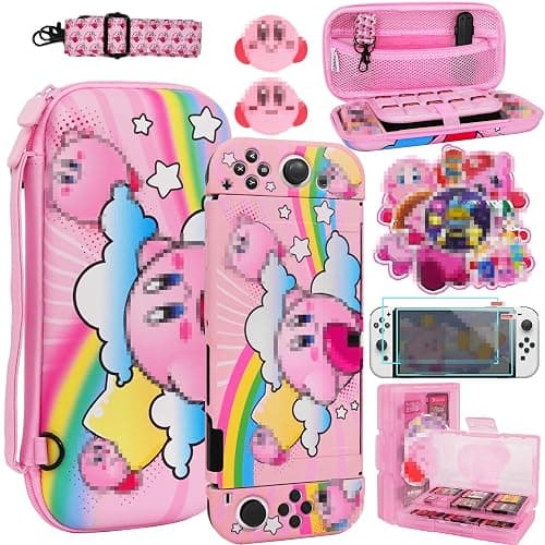 TIKOdirect Carrying Case for Switch OLED, Cute Portable Travel Bag in Newest Updated Design of Pink Interior with Soft Protective Case, Screen Protectors and Thumb Grip caps, Pink - Switch OLED - Pink - Image 1