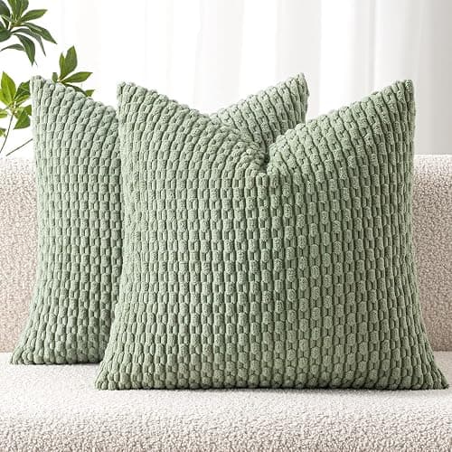 MIULEE Pack of 2 Decorative Throw Pillow Covers 18x18 Inch Soft Boho Striped Textured Corduroy Pillow Covers Spring Modern Farmhouse Home Decor for Couch Bed Sofa Living Room Sage Green - Image 1