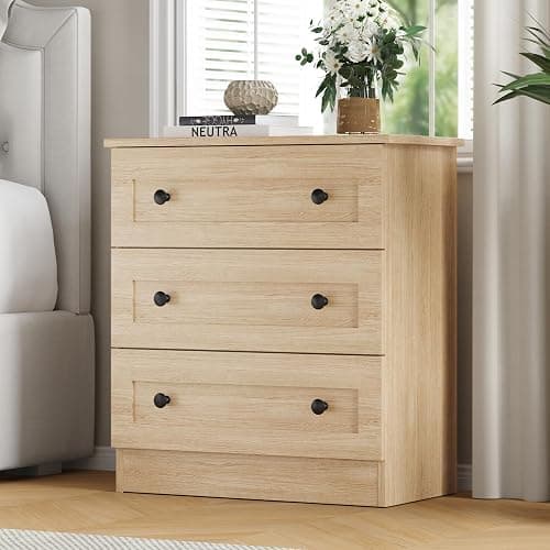 Furnify 3 Drawer Dresser for Bedroom, Small Chests of Drawers, Farmhouse Wood Nightstand Bedside Cabinet End Table, Modern Closet Storage Organizer for Bedroom, Natural - Image 1