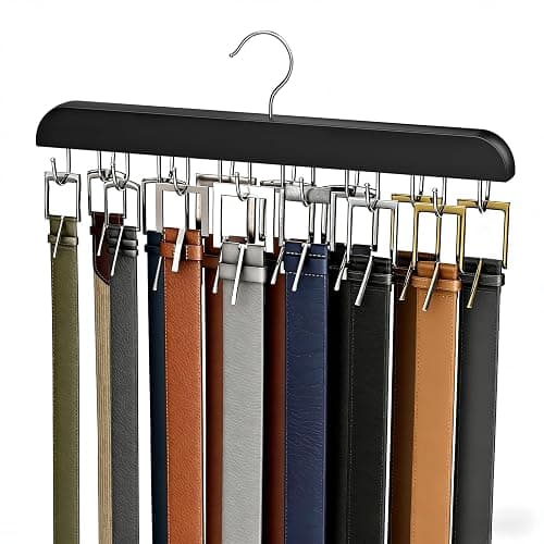Belt Hanger for Closet Max 42 Belts, Sturdy Wood Belt Rack Closet Accessories with 14 Hooks Belt Organizer for Closet Organizers and Storage -Black 1 Pack - Image 1