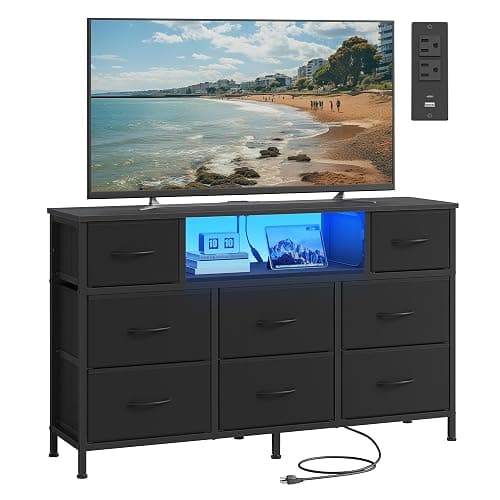 SONGMICS BELLAH Collection - Dresser for Bedroom with Outlets and LED Lights, TV Stand for TVs Up to 55 Inches, Chest of Drawers, 8 Drawers, Steel, Industrial, Modern, Ink Black ULGS433BH02S - Image 1