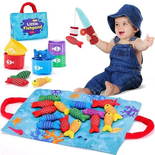hahaland Toddler Toys Montessori Toys for 1 Year Old Boy Girl Birthday Gift - 10 in 1 Cloth Fishing Game Christmas Toddler Gifts 1-3 with Stacking Cups - Number Counting, Color Sorting Learning - Image 1