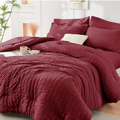 HYMOKEGE Burgundy Full Size Comforter Sets Seersucker 7 Pieces, All Season Luxury Bed in a Bag for Bedroom, Bedding Set with Comforters, Sheets, Pillowcases & Shams - Image 1