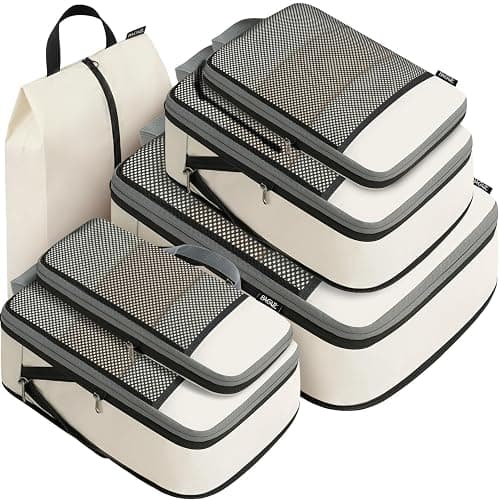 BAGAIL 4 Set/6 Set/8 Set Compression Packing Cubes Travel Accessories Expandable Packing Organizers (Half Mesh, 6-Beige) - Image 1