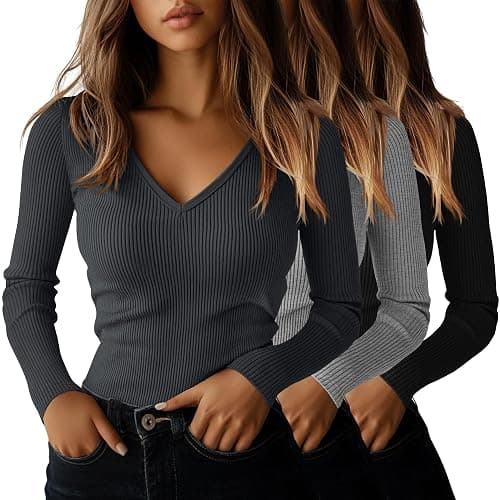 Ficerd 3 Pack Women's Long Sleeve T Shirts Cotton V Neck Slim Fit Tops Ribbed Knit Layering Casual Basic Tees 2025 Fall - Image 1