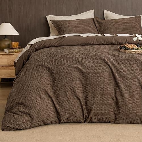 PHF Soft Waffle Duvet Cover Queen Size- Luxury Textured No Snagging Waffle Weave Comforter Duvet Cover(90"x90") with 2 Pillow Shams,3 Pieces Breathable Bedding Set for All Season, Cocoa Brown - Image 1