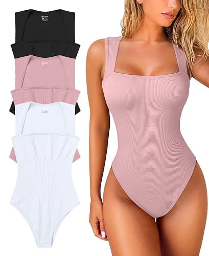OQQ Women's 3 Piece Bodysuits Sexy Ribbed Strappy Square Neck Sleeveless Tummy Control Tank Tops Bodysuits - Black,hide Pink,white - Small - Image 1