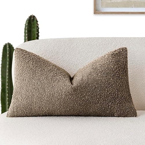 Foindtower Decorative Textured Boucle Throw Pillow Covers Accent Solid Lumbar Pillow Cases Neutral Soft Cozy Couch Cushion Case for Chair Sofa Bedroom Living Room Home Decor 12x20 Inch,1PC,Light Brown - Image 1