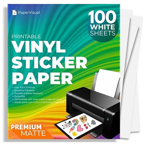 Premium Printable Vinyl Sticker Paper for Inkjet and Laser Printer - 100 White Matte Sticker Paper Waterproof - Excellent Adhesion Paper 8.5 x 11, Fast Dry, Holds Ink Well, Great for Cutting Machines - Image 1