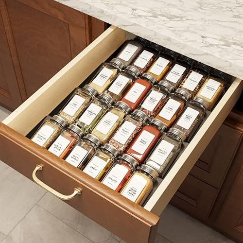 SpaceAid Spice Drawer Organizer with 24 Spice Jars, 378 White Minimalist Spice Labels, 4 Tier Seasoning Rack Tray Insert for Kitchen Drawers, 11.25" Wide x 17.5" Deep - Image 1