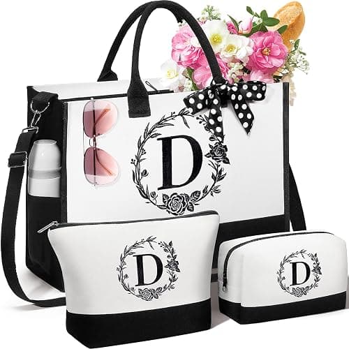 Personalized Christmas Gifts for Women, Initial Canvas Tote Bag & Makeup Bag Monogrammed Beach Tote Bags for Women w/Zipper, Birthday Gifts for Mom Her Sister Friend Girlfriend Wife Daughter Teacher - Image 1
