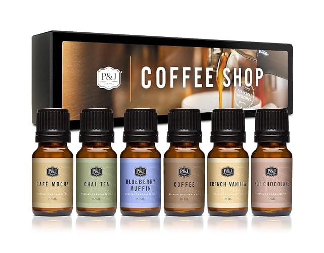 P&J Trading Fragrance Oil Coffee Shop Set | Coffee, Café Mocha, Chai Tea, Hot Chocolate, Blueberry Muffin, French Vanilla Candle Scents for Candle Making, Freshie Scents, Soap Making Supplies - Image 1