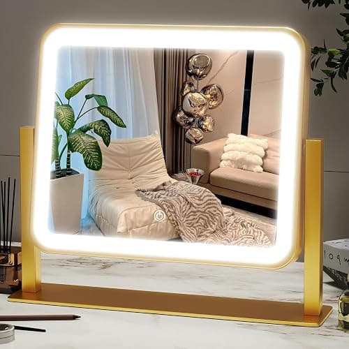ROLOVE Gold Lighted Makeup Mirror, 14"x12" Vanity Mirror with Smart Touch Control, 3-Color Dimmable Lighting, 360° Rotation for Desk or Bedroom - Image 1
