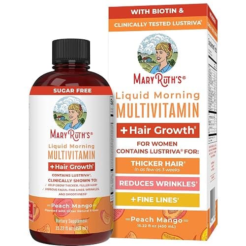 MaryRuth Organics Liquid Multivitamin Lustriva® Hair Growth for Women| Biotin 10000mcg | Vitamin D, B |Clinically Tested for Thicker Hair, Wrinkles, Fine Lines, Skin Care| Ages 18 | 15.22 Fl Oz - Peach Mango - 15.22 Fl Oz - Image 1