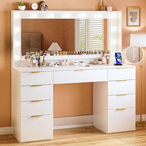 ALEXNUTRE Vanity Desk with Large Mirror and Lights, 45.3in Makeup Vanity with Power Outlet 9 Drawers & Storage, 3 Lighting Color Adjustable, White Vanity Desk for Bedroom - Image 1